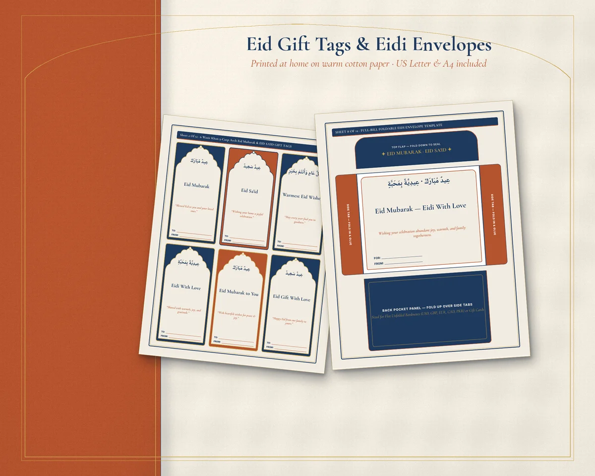 24 cut-ready Eid Mubarak gift tags with To/From lines