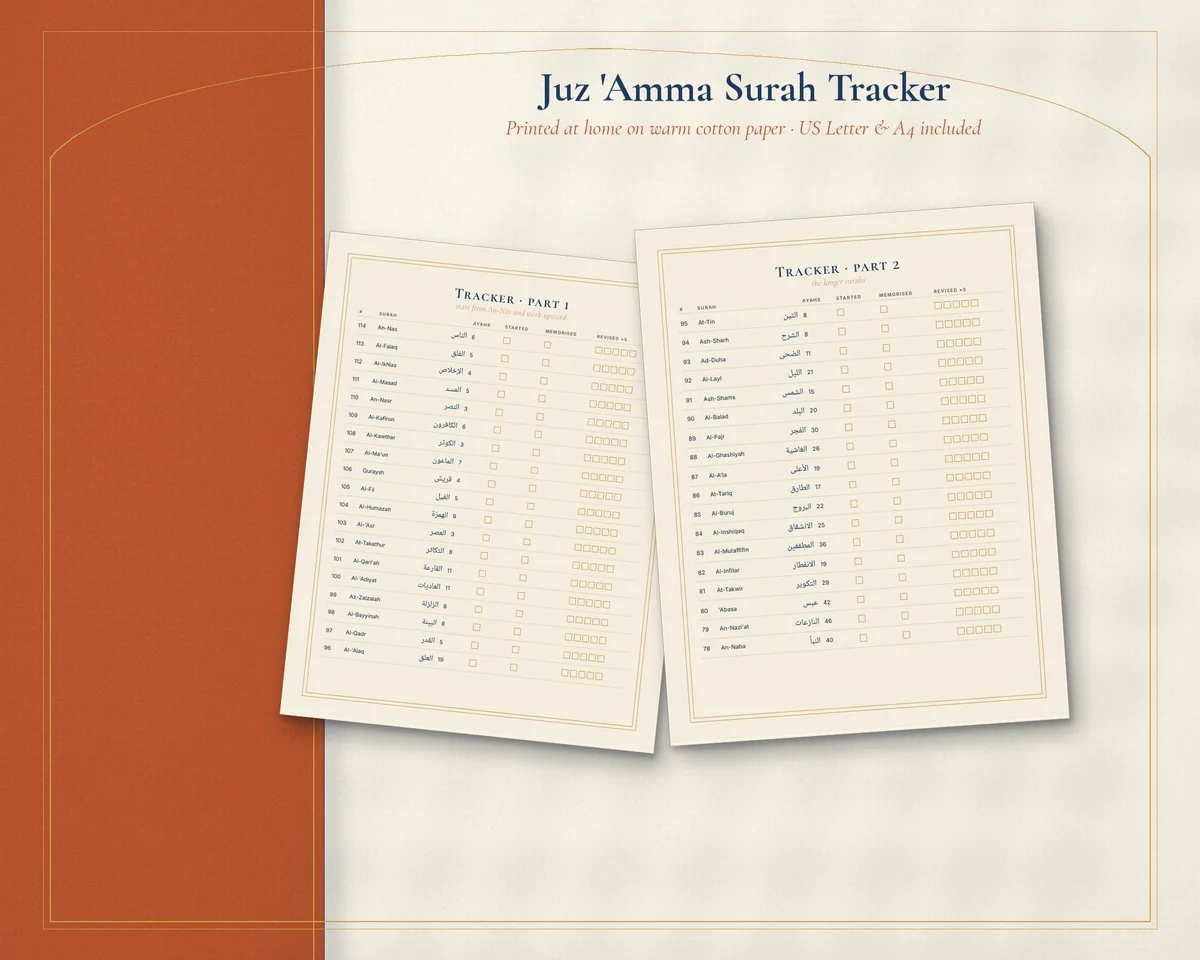 All 37 surahs from An-Naba (78) to An-Nas (114) with Arabic titles and verse counts