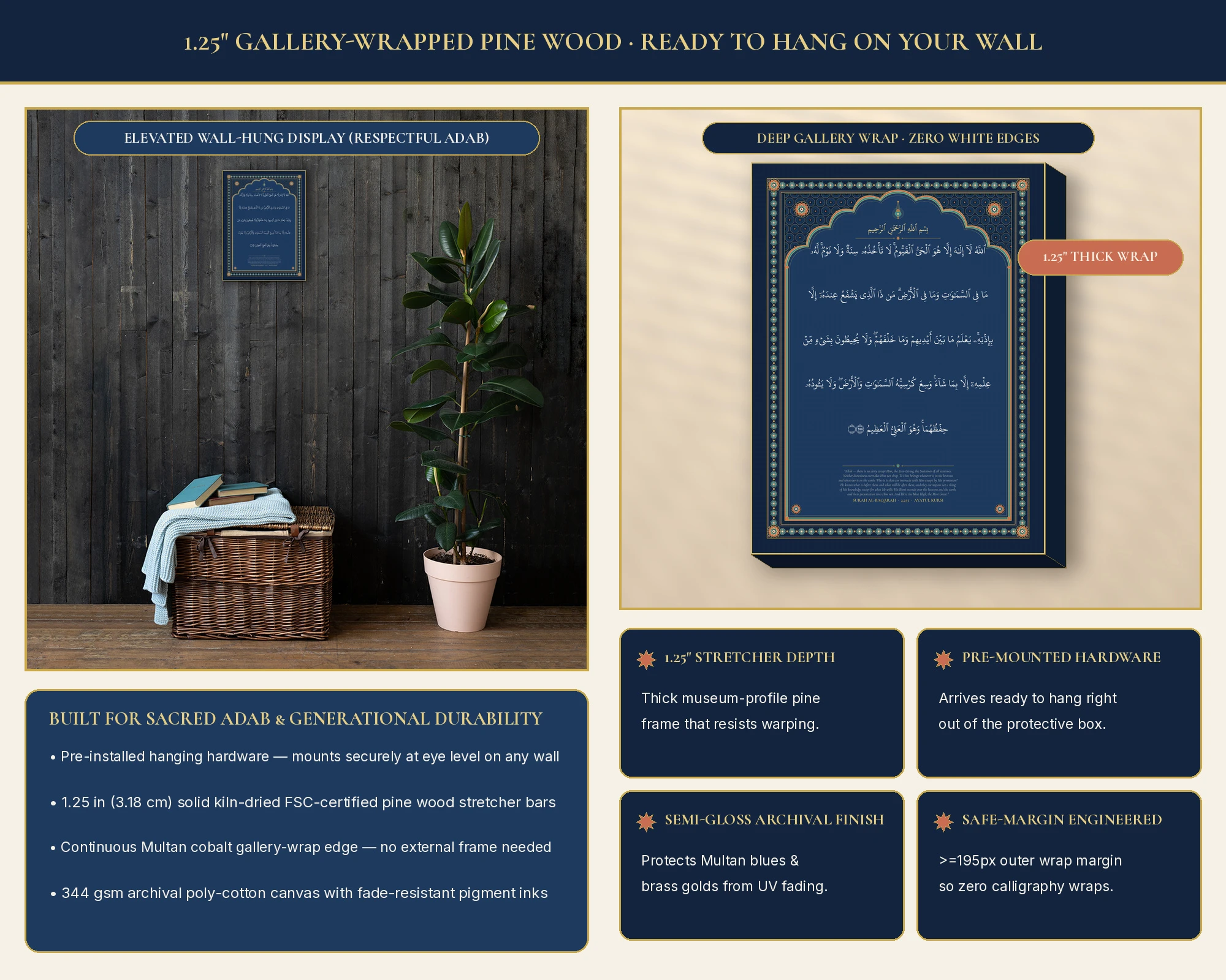 1.25-inch deep pine gallery wrap side-angle profile and pre-installed hanging hardware