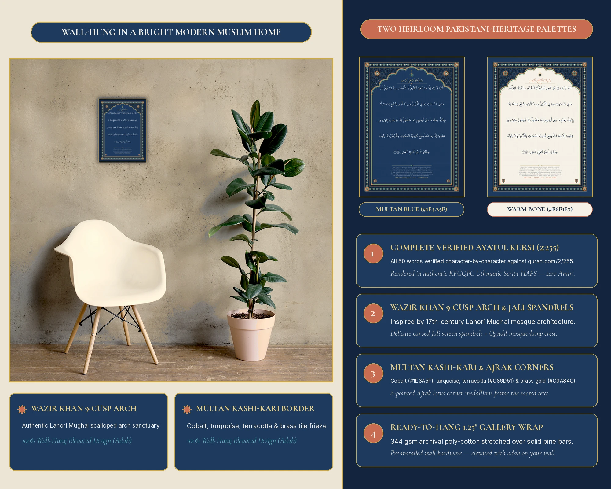 Multan Blue and Warm Bone heritage colourways, corner-protected art box, and care specs
