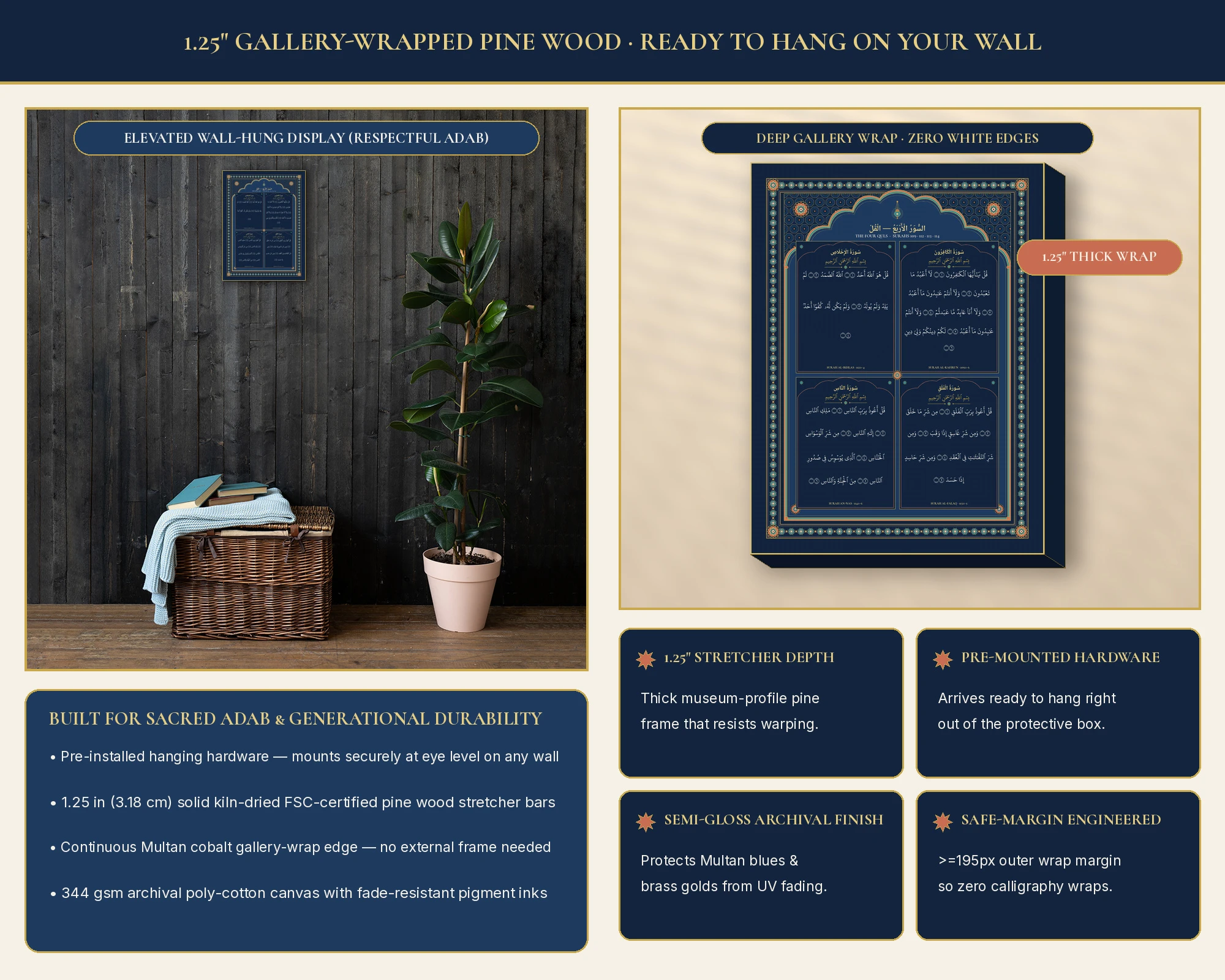 1.25-inch deep pine gallery wrap side-angle profile and pre-installed wall mounting hardware