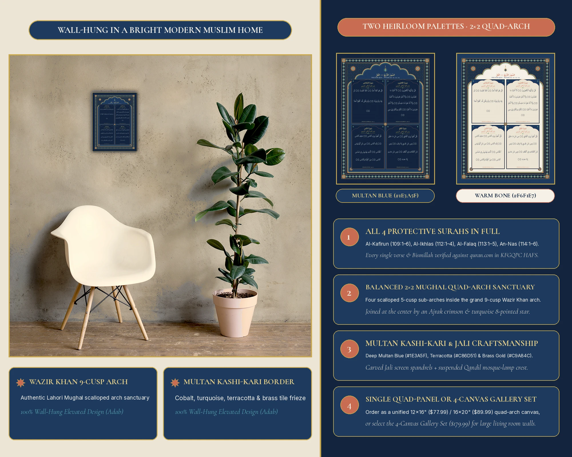 Multan Blue and Warm Bone heritage colourways, corner-protected art box, and care specs